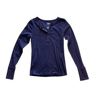 SO Navy Blue Ribbed Henley Long Sleeve Top – Button Front Casual Shirt Size M